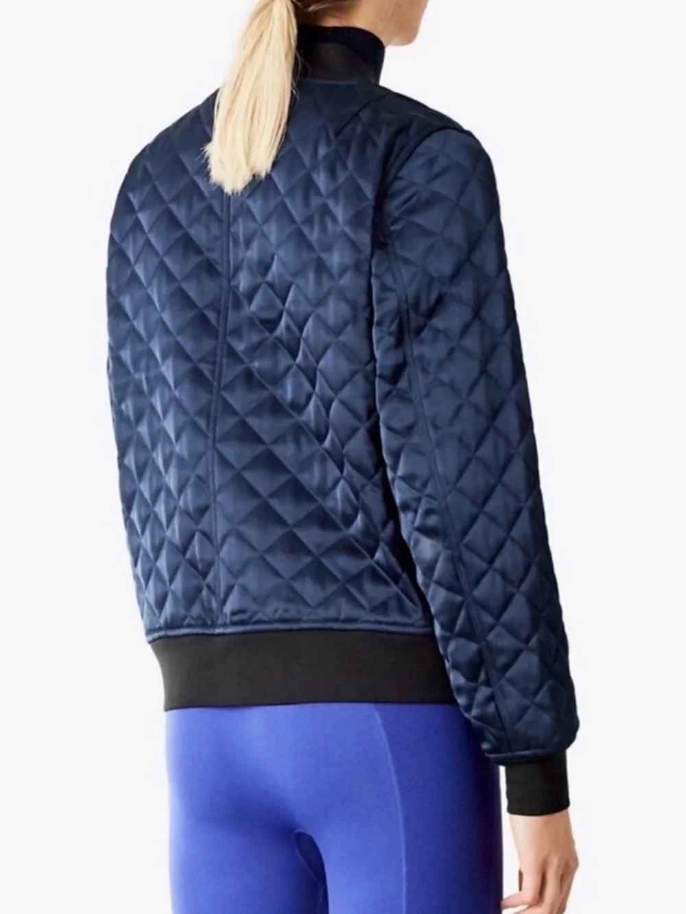 Tory Burch Sport Quilted Bomber Jacket Satin Blue Size Small